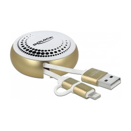 DeLOCK Cable retráctil 2 en 1 USB-A a Micro-B y Lightning Blanco/Oro