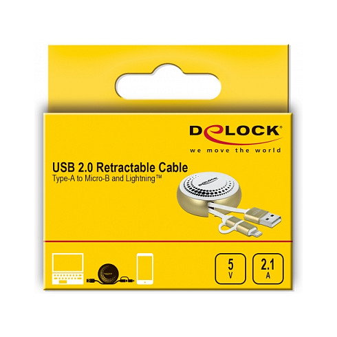 DeLOCK Cable retráctil 2 en 1 USB-A a Micro-B y Lightning Blanco/Oro
