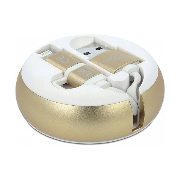 DeLOCK Cable retráctil 2 en 1 USB-A a Micro-B y Lightning Blanco/Oro
