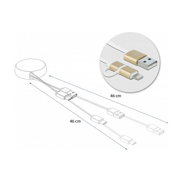 DeLOCK Cable retráctil 2 en 1 USB-A a Micro-B y Lightning Blanco/Oro
