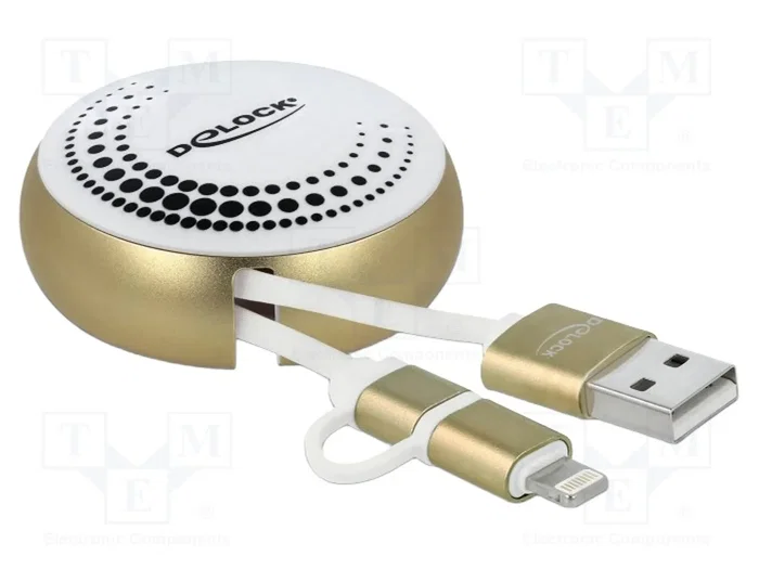 DeLOCK Cable retráctil USB 2 en 1 Tipo-A a Micro-B y Lightning blanco/oro