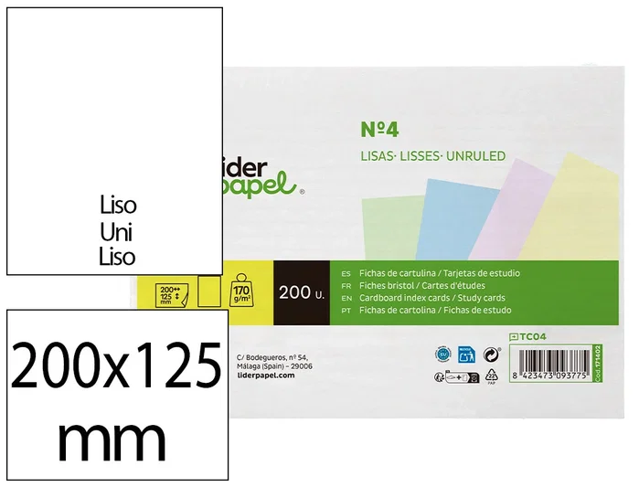 Liderpapel Tarjeta de estudio lisa de colores 170gr 125x200mm