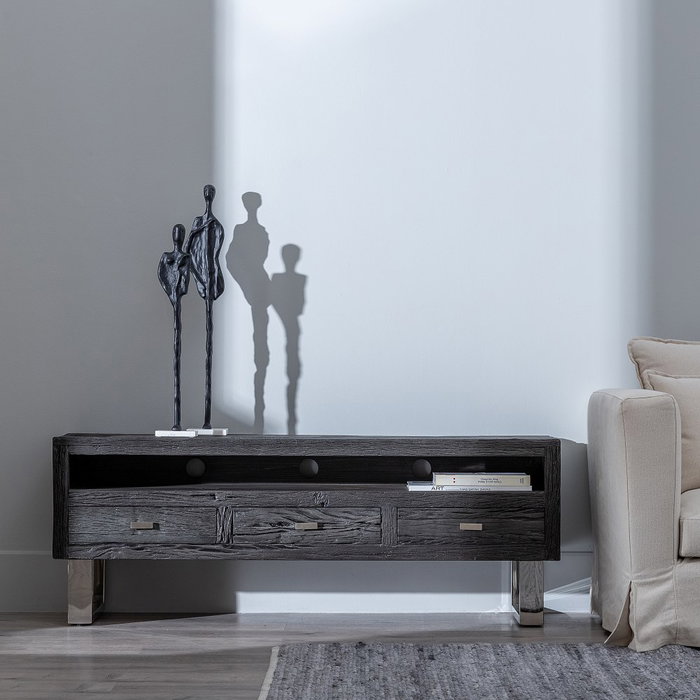 Mueble Tv Negro Madera / Acero Salón 160 X 40 X 59 cm