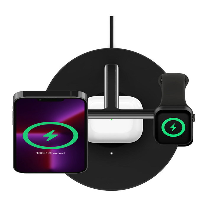 Belkin WIZ017vfBK Cargador Inalámbrico MagSafe 3 en 1 para iPhone 12/13 - Negro - Con Adaptador AC y Carga Rápida hasta 15W