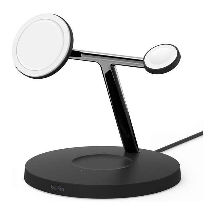 Belkin WIZ017vfBK Cargador Inalámbrico MagSafe 3 en 1 para iPhone 12/13 - Negro - Con Adaptador AC y Carga Rápida hasta 15W