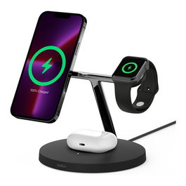 Belkin WIZ017vfBK Cargador Inalámbrico MagSafe 3 en 1 para iPhone 12/13 - Negro - Con Adaptador AC y Carga Rápida hasta 15W