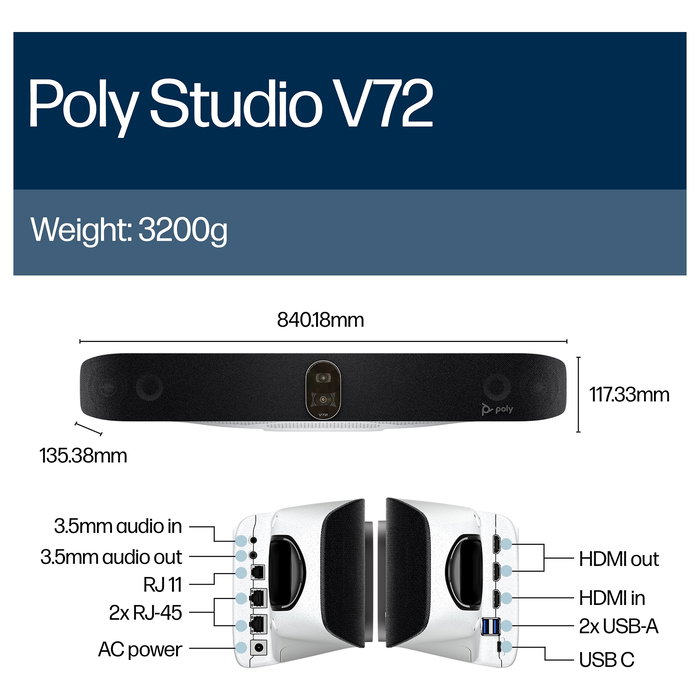 HP Barra de Video USB Poly Studio V72 4K Ultra HD, Zoom 7.3x, Color Blanco HP Barra de Video USB Poly Studio V72 4K Ultra HD, Zoom 7.3x, Color Blanco