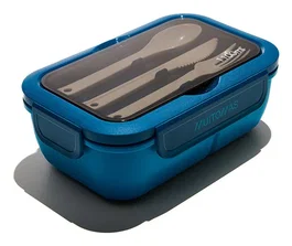 Muitomas Fiambrera Táper LUNCHBOXSBL de Plástico, 1.1 L, 3 Compartimentos con Cubiertos Incluidos, Azul, Apto para Microondas