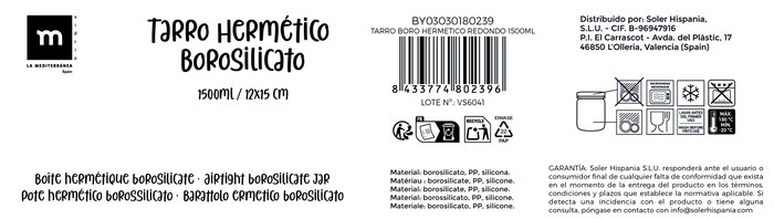 La Mediterranea Tarro Boro Hermético Redondo 1500ml La Mediterranea Tarro Boro Hermético Redondo 1500ml
