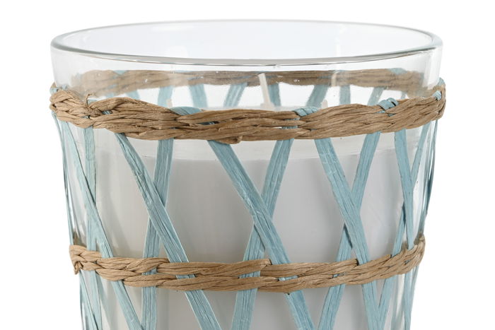 DKD Home Decor Vela Mediterraneo Azul Celeste Natural Fibra Cristal Cera Parafina 13.5 x 12.5 x 13.5 cm
