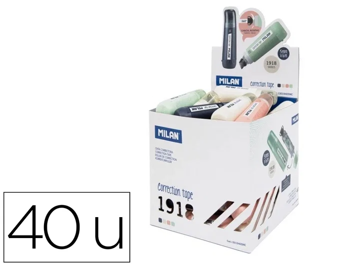 Milan Cinta Correctora Cilíndrica Serie 1918, 5 mm x 6 m, Cubo Expositor 40 Unidades Surtidas