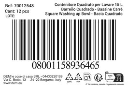 Inde Barreño Cuadrado 15L, para Cocina y Hogar, Dimensiones 47.5 x 34.6 x 16.3 cm (12 Unidades)