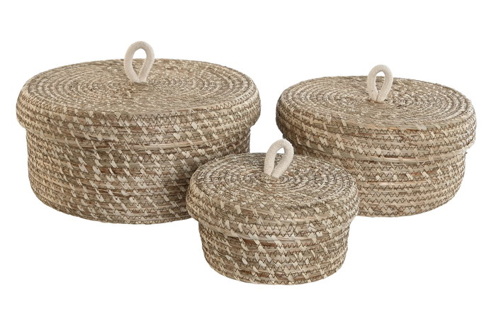 DKD Home Decor Cesta Boho Natural 32 x 32 x 15 cm, Hecha a Mano en Fibra y Cuerda, Set de 3 Unidades con Tapa DKD Home Decor Cesta Boho Natural 32 x 32 x 15 cm, Hecha a Mano en Fibra y Cuerda, Set de 3 Unidades con Tapa