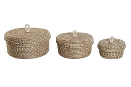 DKD Home Decor Cesta Boho Natural 32 x 32 x 15 cm, Hecha a Mano en Fibra y Cuerda, Set de 3 Unidades con Tapa