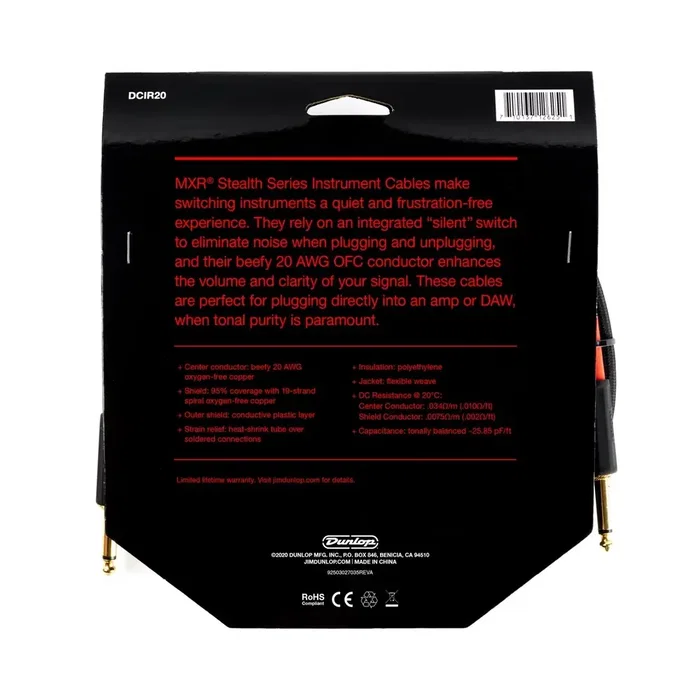 MXR Cable de Instrumento Stealth Series Jack - Jack SS - 6m Silencioso y de Alta Claridad