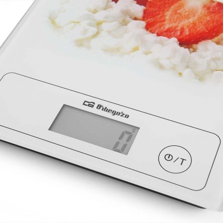 Orbegozo PC 1018 Báscula Electrónica de Cocina, Vidrio Templado, 5kg / 1g, Función Tara, Unidades: g, kg, lb:oz, ml de Agua/Leche, LCD, Control Táctil, Blanca/Roja/Verde
