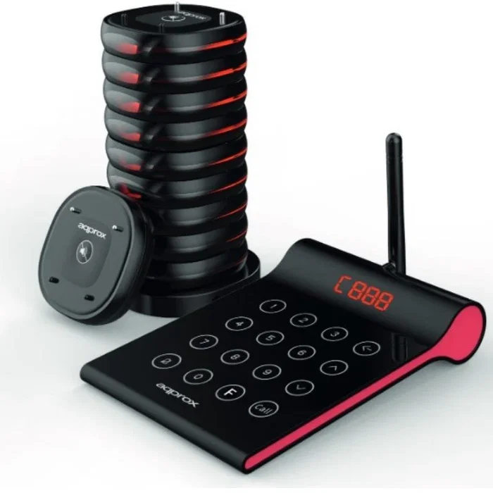 Approx - Kit Avisador de Clientes con 10 Discos, Rango 400m, 32h Batería, Transmisor Táctil 4 Dígitos, para Restaurantes y Hostelería