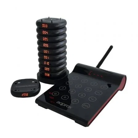 Approx appCUSTOMERCALLERKIT Kit Avisador de Clientes Inalámbrico con Transmisor, 10 Discos y Base de Carga, Hostelería, Vibración, Luz y Sonido