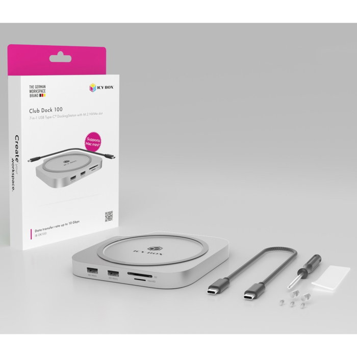 RaidSonic ICY BOX Club Dock 100 Dockingstation para Mac Mini, SSD M.2, USB 3.2 Gen 2 Type-C, Plata