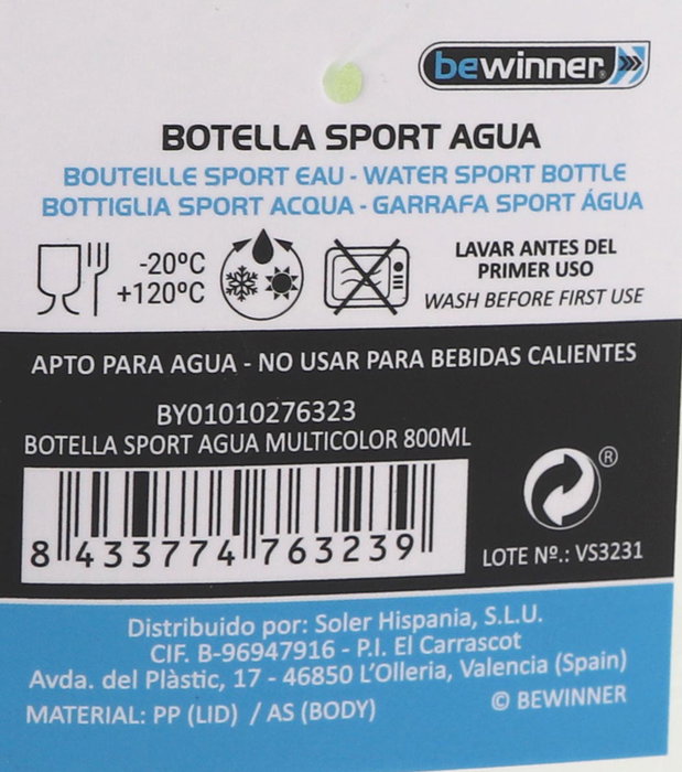 Bewinner Botella Sport Agua Multicolor 800 ml (Ancho 7,7 cm, Alto 24,3 cm, Largo 9 cm) (12 Unidades)