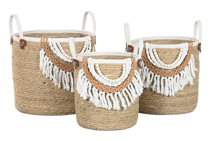 DKD Home Decor Cesta Boho Natural Blanco Fibra Algodón 40 x 47 x 40 cm Set de 3
