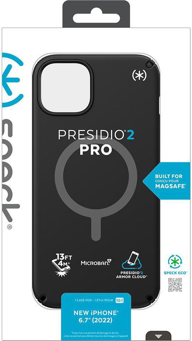 Speck Presidio 2 Pro + Ms para iPhone 14 Plus (Negro/Negro/Blanco) Compatible MagSafe Protección Antimicrobiana