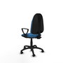 Silla de oficina Algarra con mecanismo Contacto permanente básico tapizada con Similpiel color Azul claro. Equipada con Base poliamida negra, Brazos fijos y Ruedas autofrenantes