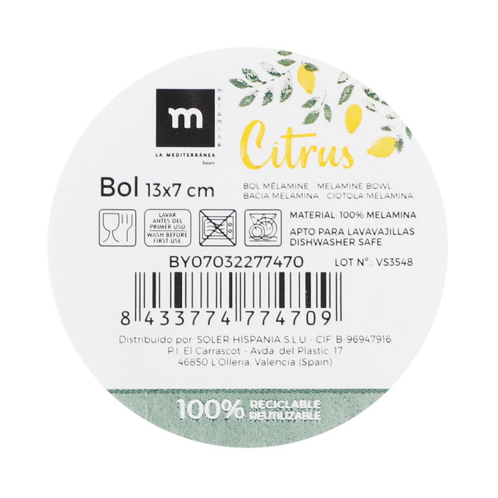 La Mediterranea Bol Melamina Mate Citrus 13 x 7 cm (24 Unidades)