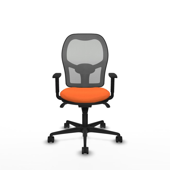 Silla de oficina Jorquera con mecanismo Sincro tapizada con Tela color Naranja y malla color Gris. Equipada con lumbar 1D, Brazos 1D y Ruedas 65mm nailon