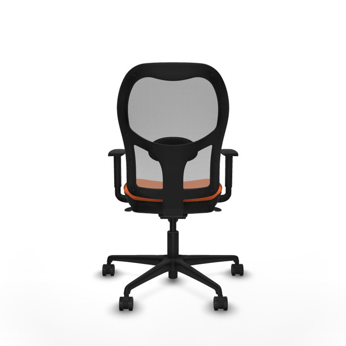 Silla de oficina Jorquera con mecanismo Sincro tapizada con Tela color Naranja y malla color Gris. Equipada con lumbar 1D, Brazos 1D y Ruedas 65mm nailon