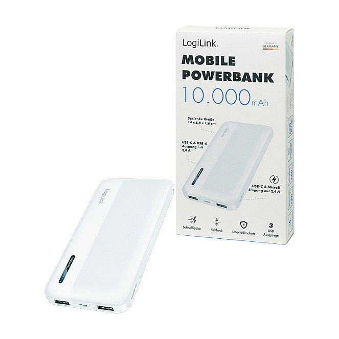 LogiLink Mobile Power Bank 10.000 mAh, USB-C, blanco