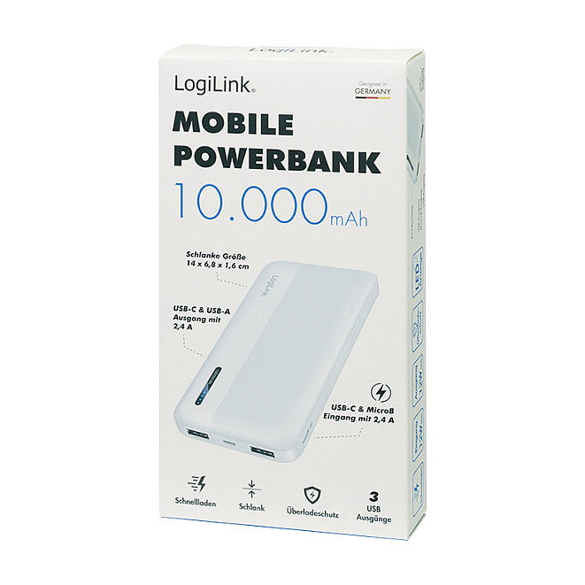 LogiLink Mobile Power Bank 10.000 mAh, USB-C, blanco