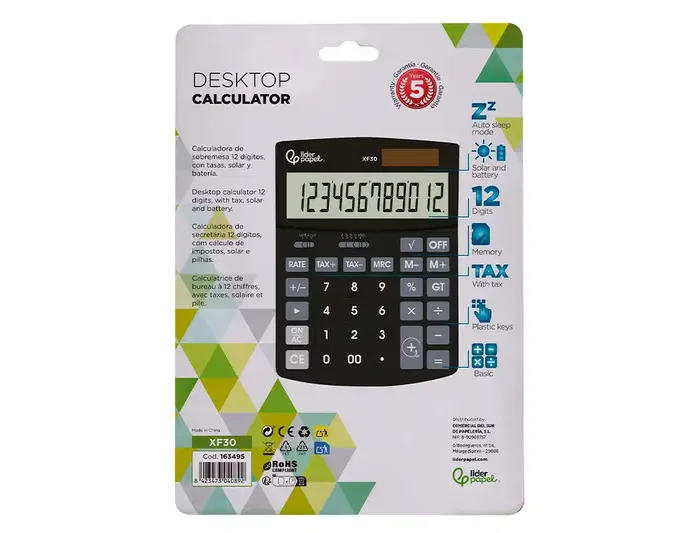 Liderpapel Calculadora Sobremesa XF30 12 Dígitos Solar y Pilas Color Negro 190x140x30 mm