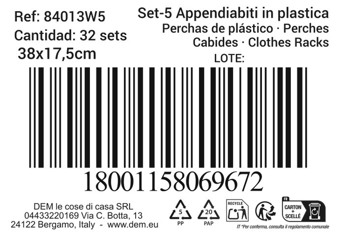 Dem Set de 5 Perchas de Plástico Leo (12 Cajas)
