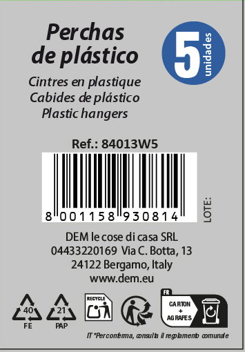 Dem Set de 5 Perchas de Plástico Leo (12 Cajas)