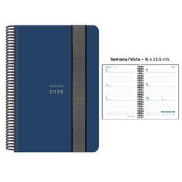 Agenda Anual (2026) Senfort Unicolor Espiral Tapa Pp Con Goma 160X235 S/V Azul Oscuro