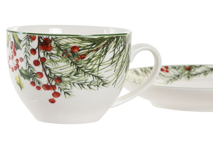 DKD Home Decor Set de 2 Tazas de Porcelana Acebo Verde