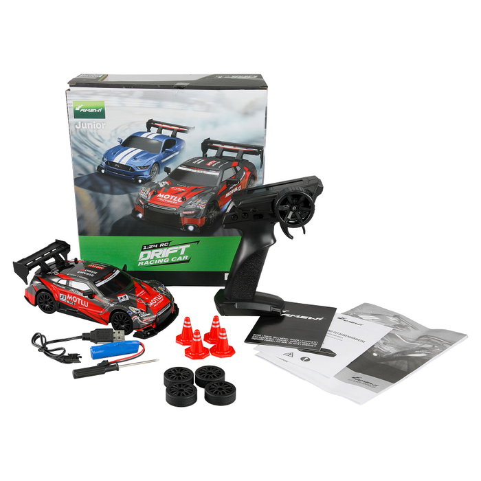 AMEWI 21112 Coche de Carreras Drift Racing 4WD 1:24 RTR con Control Remoto 2.4GHz, Motor Eléctrico, 20 km/h, Color Negro/Rojo, para Mayores de 8 Años