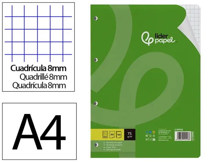 Liderpapel Recambio A4 100 Hojas 75gr Cuadro 8mm Con Margen 4 Taladros Liderpapel Recambio A4 100 Hojas 75gr Cuadro 8mm Con Margen 4 Taladros