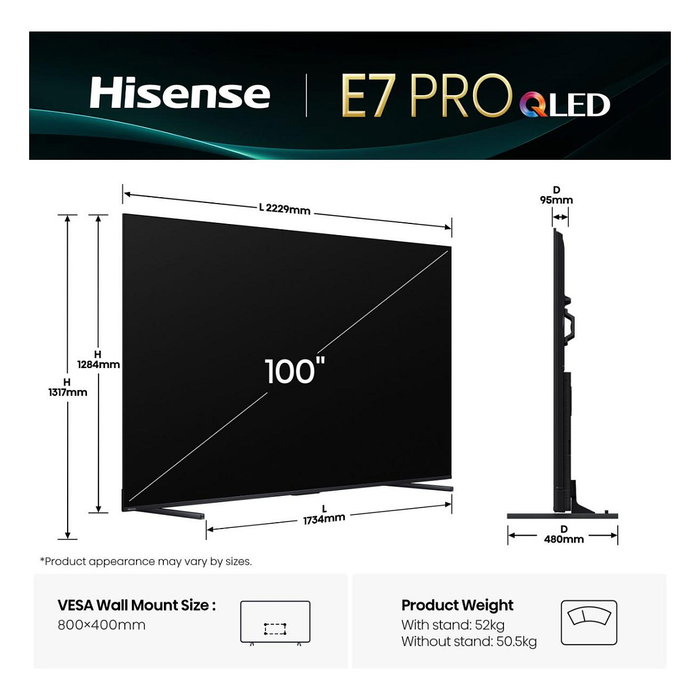 Hisense 100E7Q PRO Televisor 100" (254cm) 4K Ultra HD QLED Smart TV, 144Hz, Dolby Atmos, HDR10+, AMD FreeSync Premium, VIDAA U8.5, Negro Hisense 100E7Q PRO Televisor 100" (254cm) 4K Ultra HD QLED Smart TV, 144Hz, Dolby Atmos, HDR10+, AMD FreeSync Premium, VIDAA U8.5, Negro