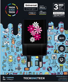 Cargador Tech-One-Tech Doble De Pared 2Xusb Black Flower Power Alto Rendimiento 2,4A
