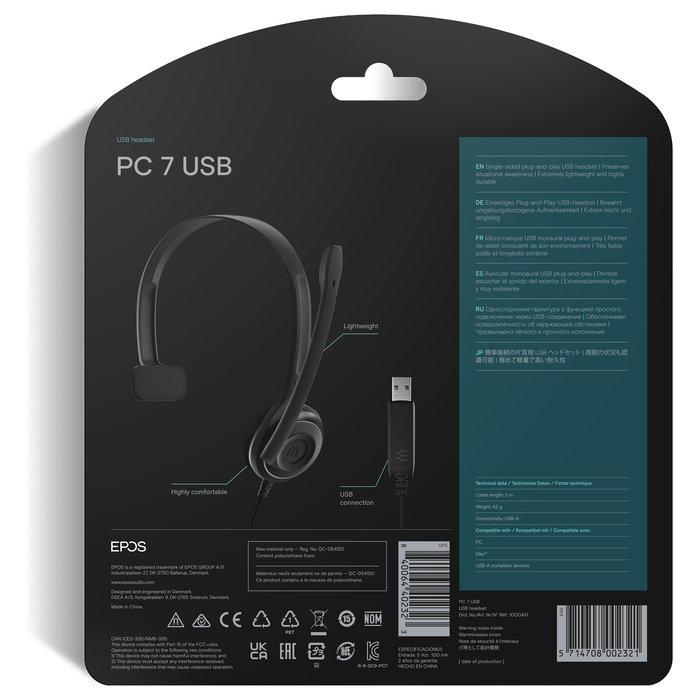 EPOS Sennheiser PC 7 USB Auriculares PC para VoIP y Oficina, Micrófono Boom con Cancelación de Ruido, Monoaural, Conector USB-A, Alámbrico, Frecuencia 42-17000 Hz, Negro