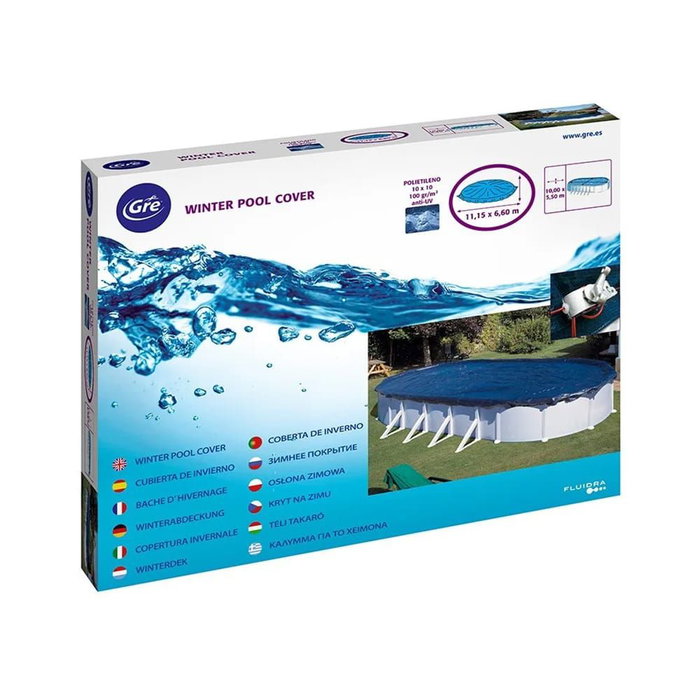 Gre Cobertor de Invierno para Piscina Desmontable Ovalada, Cubierta 610 x 410 cm, Polietileno 120 g/m² Negro, Incluye Cable Acero y Tensor
