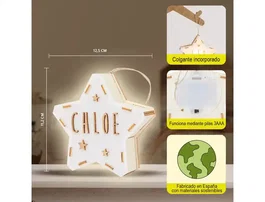 Wondee Lampara de Noche Infantil Personalizable Mini Estrella de Madera Sostenible con Nombre y Luz Quit Miedos