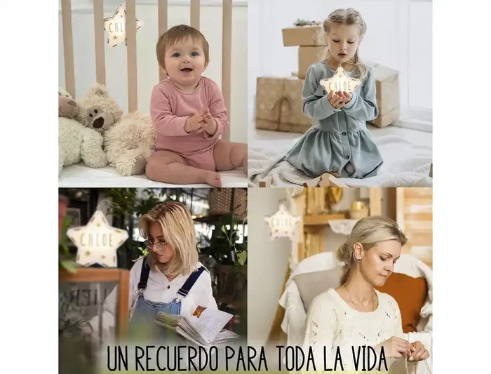 Wondee Lampara de Noche Infantil Personalizable Mini Estrella de Madera Sostenible con Nombre y Luz Quit Miedos