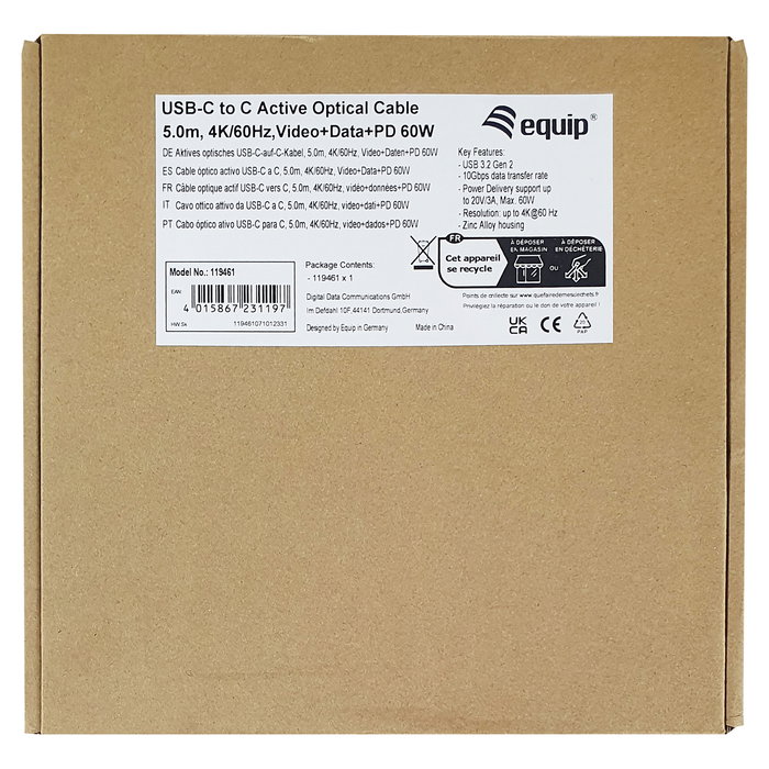 EQUIP Cable USB-C 3.2 Gen 2 119461, Macho a Macho, 5m, 10Gbps, 60W PD, 4K@60Hz, Negro EQUIP Cable USB-C 3.2 Gen 2 119461, Macho a Macho, 5m, 10Gbps, 60W PD, 4K@60Hz, Negro