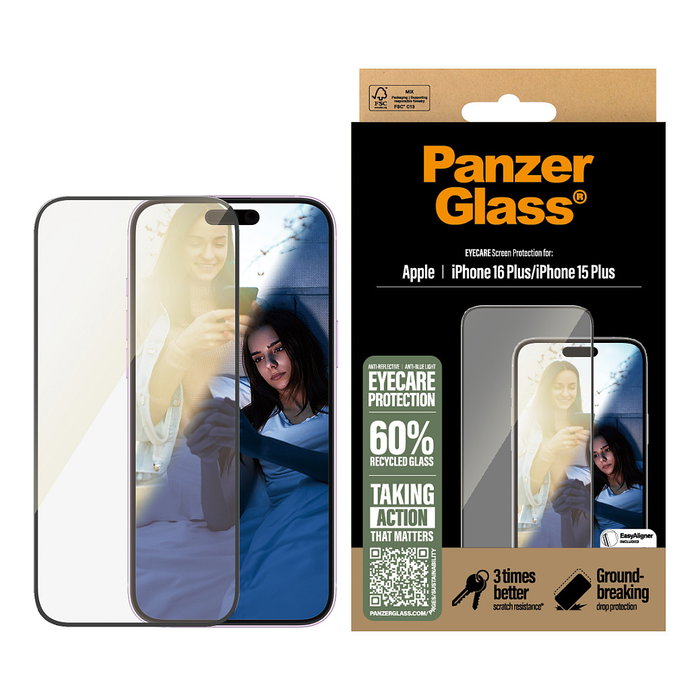 PanzerGlass Protector Pantalla iPhone 16 Plus | 15 Plus EyeCare UWF Vidrio Templado Antigolpes Antiarañazos Transparente