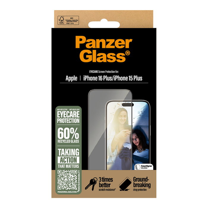PanzerGlass Protector Pantalla iPhone 16 Plus | 15 Plus EyeCare UWF Vidrio Templado Antigolpes Antiarañazos Transparente