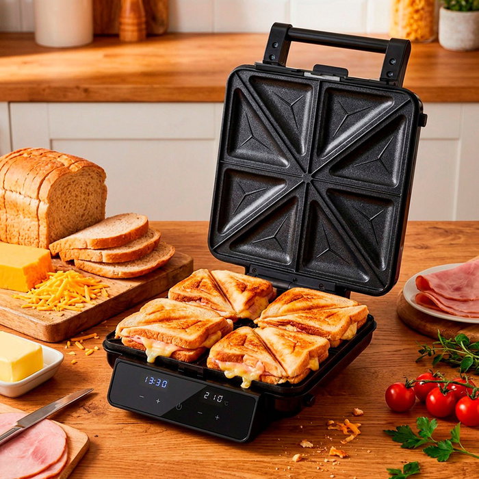 Adler Sandwichera 4 en 1 AD3096 con pantalla táctil, Inox y negra Adler Sandwichera 4 en 1 AD3096 con pantalla táctil, Inox y negra