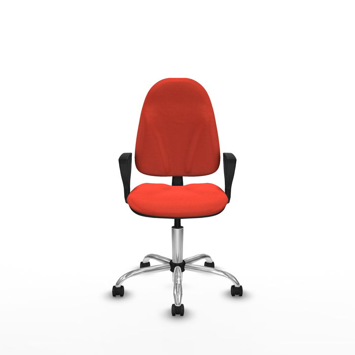 Silla de oficina Algarra con mecanismo Contacto permanente básico tapizada con Tela color Naranja oscuro. Equipada con Base cromada, Brazos fijos y Ruedas de parqué